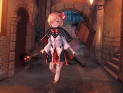 Rule 34 | 1girl, alternate costume, arch, bangle, black skirt, blonde hair, boots, bow, bracelet, brown footwear, capelet, darkness, door, fantasy, hair ribbon, holding, holding staff, jewelry, red eyes, red ribbon, ribbon, roke (taikodon), rumia, short hair, skirt, smile, solo, staff, stairs, stone wall, suitcase, touhou, wall