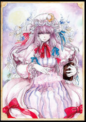 Rule 34 | 1girl, blue ribbon, book, crescent, crescent hat ornament, dress, frilled sleeves, frills, hat, hat ornament, holding, holding book, long hair, long sleeves, mob cap, neck ribbon, patchouli knowledge, purple dress, purple eyes, purple hair, purple hat, red ribbon, ribbon, sakurai haruto, solo, striped clothes, striped dress, touhou, traditional media, vertical-striped clothes, vertical-striped dress