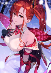 Rule 34 | 1girl, absurdres, aiken (echocalypse), boots, breasts, commentary, detached sleeves, earrings, echocalypse, halterneck, highres, ibaraki shun, jewelry, large breasts, leaning forward, long hair, looking at viewer, pleated skirt, ponytail, red eyes, red hair, skirt, solo, thigh boots, two-tone gloves