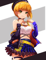 Rule 34 | 1girl, bare shoulders, belt, black jacket, blonde hair, blue jacket, blue skirt, blush, breasts, collarbone, commentary request, frills, green eyes, hadome, hat, highres, idolmaster, idolmaster cinderella girls, idolmaster cinderella girls starlight stage, jacket, jewelry, looking at viewer, medium breasts, miyamoto frederica, necklace, shirt, short hair, skirt, smile, solo, white shirt, yellow belt