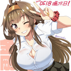 Rule 34 | ahoge, aoi manabu, black skirt, blush, breasts, brown hair, character name, cleavage, collarbone, congratulations, dated, earrings, gold hairband, gyaru, hair bun, hair intakes, hairband, jewelry, kantai collection, kongou (kancolle), large breasts, looking at viewer, ring, shirt, skirt, smile, teeth, upper body, victory pose, white shirt, yellow nails