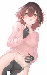 Rule 34 | 1girl, 9tk9m, alternate costume, blush, brown hair, clothes tug, gluteal fold, gradient hair, hair between eyes, highres, hololive, looking at viewer, medium hair, multicolored hair, navel, pink sweater, pussy, roboco-san, robot girl, smile, solo, sweater, sweater tug, virtual youtuber, white background, yellow eyes