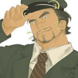 Rule 34 | 1boy, adjusting clothes, adjusting headwear, bara, beard stubble, blackthornwww, drawn ears, drawn whiskers, facial hair, goatee, grey hair, highres, looking at viewer, male focus, mature male, old, old man, original, seductive smile, short hair, smile, solo, sparse stubble, stubble, thick eyebrows