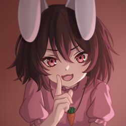Rule 34 | 1girl, animal ears, black hair, brown background, carrot necklace, chunjiu, commentary request, flat chest, floppy ears, frilled sleeves, frills, hair between eyes, highres, inaba tewi, index finger raised, jewelry, leaning forward, long bangs, looking at viewer, necklace, open mouth, pink shirt, puffy short sleeves, puffy sleeves, rabbit ears, rabbit girl, red eyes, shirt, short hair, short sleeves, simple background, smile, solo, touhou, upper body