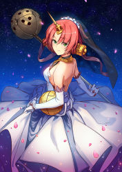 Rule 34 | 1girl, backless dress, backless outfit, dress, elbow gloves, fate/apocrypha, fate/grand order, fate (series), frankenstein&#039;s monster (fate), gloves, green eyes, horns, mace, pink hair, short hair, single horn, solo, veil, weapon, wedding dress, zhanzheng zi