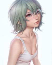 Rule 34 | 1girl, breasts, collarbone, downblouse, eto (tokyo ghoul), glasses, green eyes, green hair, highres, lips, looking up, matching hair/eyes, miura-n315, parted lips, realistic, short hair, simple background, small breasts, solo, tokyo ghoul, upper body, white background