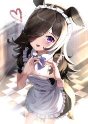 Rule 34 | 1girl, :d, absurdres, alternate costume, animal ears, apron, black hair, blue bow, blue bowtie, blush, bow, bowtie, commentary, enmaided, hair over one eye, heart, heart hands, highres, horse ears, horse girl, horse tail, long hair, looking at viewer, maid, maid apron, maid headdress, open mouth, puffy short sleeves, puffy sleeves, purple eyes, rice shower (umamusume), short sleeves, smile, solo, tail, umamusume, wanderlucia, white apron