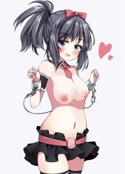 Rule 34 | 1girl, armband, belt, black thighhighs, blue eyes, blush, bow, breasts, cleavage, cowboy shot, cuffs, detached collar, frilled armband, frills, grey background, groin, hair bow, half-closed eyes, heart, highres, kunihiro hajime, looking at viewer, medium breasts, medium hair, microskirt, navel, necktie, nipples, no panties, pink belt, ponytail, pulling own clothes, red bow, red necktie, revealing clothes, saki (manga), shackles, sidelocks, simple background, skirt, solo, standing, star tattoo, tattoo, thighhighs, topless, trista (makkoivenus), w arms, wing collar