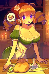Rule 34 | 1girl, :d, absurdres, ahoge, apple, apron, bandana, blue eyes, bow, breasts, brown hair, buck teeth, candle, cleavage, coin, dress, drill hair, food, freckles, fruit, gem, green dress, green gemstone, highres, indoors, large breasts, looking at viewer, maid apron, open mouth, original, photoreceptor, potion, pouch, quill, red bandana, sidelocks, silk, smile, solo, spider web, spoken object, tavern, teeth, twin drills, twintails, waitress, white bow