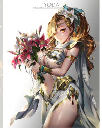 Rule 34 | 1girl, armlet, armor, artist name, blonde hair, bouquet, bracelet, breasts, butterfly ornament, cape, center opening, cowboy shot, diadem, dress, earrings, flower, gem, grey background, hair flower, hair ornament, highres, holding, holding bouquet, jewelry, large breasts, letterboxed, long hair, looking at viewer, maboroshi juuhime, navel, orange eyes, pauldrons, ponytail, red flower, revealing clothes, ribbon, ring, see-through, shoulder armor, side slit, sleeveless, sleeveless dress, solo, swept bangs, watermark, web address, white background, white cape, white dress, white flower, yoda (ayanamikodon)