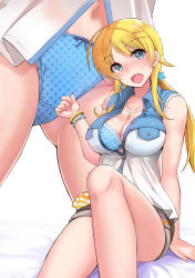 Rule 34 | 1girl, absurdres, ahoge, bare shoulders, bead bracelet, beads, blonde hair, blue eyes, bracelet, breasts, cleavage, graphite (medium), hachimiya meguru, hair ornament, hairclip, highres, idolmaster, idolmaster shiny colors, jewelry, large breasts, long hair, low twintails, mechanical pencil, navel, necklace, open mouth, panties, pencil, shiroyukimajima, shorts, sleeveless, solo, traditional media, twintails, underwear