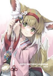 Rule 34 | 1girl, absurdres, animal ear fluff, animal ears, apron, arknights, blonde hair, blush, closed mouth, coin purse, colored tips, commentary request, flower, fox ears, fox girl, fox tail, frilled apron, frills, green eyes, hair flower, hair ornament, hairband, hands up, highres, japanese clothes, kimono, kitsune, kyuubi, long hair, long sleeves, multicolored hair, multiple tails, official alternate costume, pink kimono, pinwheel, red hairband, semi colon, smile, solo, suzuran (arknights), suzuran (yukibare) (arknights), tail, two-tone hair, upper body, waist apron, white hair, wide sleeves, yagasuri