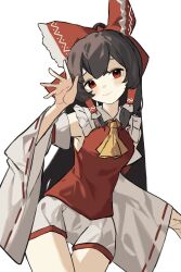 Rule 34 | 1girl, absurdres, adapted costume, armpit peek, ascot, bare shoulders, black hair, blush, bow, breasts, clynxen, detached sleeves, eyebrows hidden by hair, hair bow, hair tubes, hakurei reimu, hand up, highres, light smile, long hair, medium breasts, red eyes, red vest, shorts, simple background, solo, thigh gap, touhou, very long hair, vest, white background, wide sleeves, yellow ascot