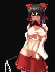 Rule 34 | 1girl, absurdres, black background, black hair, bow, breasts, clothes in mouth, clothes lift, clothes pull, collar, gohei, hair bow, hair tubes, hakurei reimu, highres, large breasts, leo23, midriff, miniskirt, mouth hold, navel, nontraditional miko, panties, red bow, red eyes, red shirt, red skirt, sarashi, shirt, shirt in mouth, shirt lift, sidelocks, simple background, skirt, skirt pull, solo, touhou, underwear, white collar, white panties