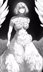 Rule 34 | 1girl, breasts, chimera, completely nude, dark background, dungeon meshi, falin touden, falin touden (chimera), feathered wings, feathers, greyscale, hand on own hip, highres, large breasts, looking at viewer, monochrome, monster girl, navel, nude, parted lips, robusta mania, short hair, signature, slit pupils, solo, spot color, underboob, wings, yellow eyes