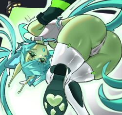 :o alien animal_ears anus anus_peek aqua_hair ass cameltoe cat_ears colored_skin detached_sleeves eyelashes glorpi_miku_(dyarikku) green_eyes green_skin hatsune_miku highleg highleg_leotard leotard mokimolewds pawpads shiny_clothes shiny_skin tail thighhighs vocaloid