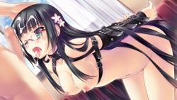 Rule 34 | 1girl, bdsm, black hair, blush, bondage, bound, bound arms, breasts, censored, collar, cum, cum in mouth, cum on body, cum on breasts, cum on eyewear, cum on hair, cum on tongue, cum on upper body, curtains, facial, fellatio, flower, game cg, glasses, green eyes, guardian place, hair flower, hair ornament, hand on head, harness, kneeling, legs, long hair, navel, nipples, nude, oral, penis, slave, suminoin ouka, sweat, thighs, tongue, tongue out, tsurugi hagane, wince