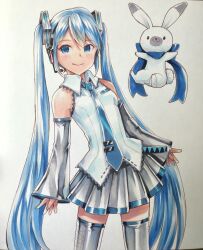 Rule 34 | 1girl, 1other, animal, bare shoulders, blue bow, blue eyes, blue hair, blue necktie, bow, commentary, contrapposto, detached sleeves, grey skirt, grey sleeves, grey thighhighs, hair ornament, hatsune miku, headphones, highres, light blue hair, long hair, mayo riyo, midair, miniskirt, necktie, pleated skirt, rabbit, rabbit yukine, shiny clothes, shirt, sideways glance, skirt, sleeveless, sleeveless shirt, sleeves past wrists, smile, thighhighs, tie clip, traditional media, twintails, very long hair, vocaloid, white background, white shirt, yuki miku, yuki miku (2010), zettai ryouiki