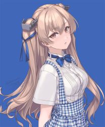 Rule 34 | 1girl, apron, arms behind back, blue background, blue bow, blue bowtie, blue ribbon, bow, bowtie, brown eyes, brown hair, dated, gingham, gingham apron, gingham skirt, hair ribbon, johnston (kancolle), kantai collection, long hair, looking at viewer, parted lips, ribbon, rokuwata tomoe, shirt, standing, twintails, twitter username, upper body, white shirt