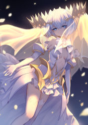 Rule 34 | 1girl, backlighting, bare shoulders, bison cangshu, blue eyes, breasts, breasts apart, center opening, closed mouth, date a live, dress, elbow gloves, feet out of frame, frills, gloves, highres, long dress, looking at viewer, petals, short hair, small breasts, solo, thighhighs, tobiichi origami, white dress, white gloves, white hair, white thighhighs, zettai ryouiki