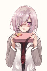 Rule 34 | 1girl, :d, absurdres, blush, box, fate/grand order, fate (series), gift, gift box, glasses, hair over one eye, highres, jacket, kyota07, looking at viewer, mash kyrielight, necktie, open mouth, purple eyes, purple hair, red necktie, short hair, simple background, sketch, smile, solo, upper body, valentine, white background