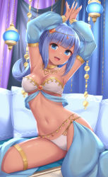 Rule 34 | 1girl, :d, armpits, arms up, bare shoulders, blue eyes, blue hair, breasts, collar, dancer, dark skin, detached sleeves, gold trim, harem outfit, highres, long hair, long sleeves, looking at viewer, medium breasts, midriff, navel, open mouth, original, pillow, ponytail, revealing clothes, sasaame, sitting, smile, solo, stomach, thighlet, thighs