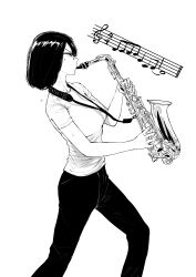 Rule 34 | 1girl, absurdres, blush, closed eyes, commentary, english commentary, glasses, highres, instrument, lanyard, monochrome, music, musical note, norman maggot, original, pants, playing instrument, saxophone, shirt, simple background, solo, standing, sweat, t-shirt, tagme, white background