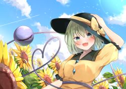Rule 34 | 1girl, :d, black hat, blue sky, bow, cloud, commission, fang, field, flower, flower field, green eyes, green hair, hand on headwear, hat, hat bow, heart, heart of string, highres, kirikaze ren, komeiji koishi, light particles, looking at viewer, open mouth, outdoors, pixiv commission, shirt, short hair, short sleeves, skin fang, sky, smile, solo, sunflower, sunflower field, third eye, touhou, upper body, yellow bow, yellow shirt