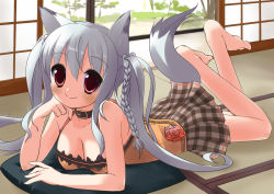 Rule 34 | 1girl, animal ears, bad id, bad pixiv id, barefoot, blush, borrowed character, braid, breasts, cat ears, cat tail, choker, cleavage, collar, feet, grey hair, indoors, looking at viewer, lying, minidraco, on stomach, original, plaid, plaid skirt, red eyes, shi-chan (oruton), skirt, smile, solo, tail, tatami, toes, twintails, white hair