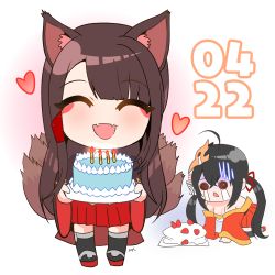 Rule 34 | 2girls, :d, ^ ^, akagi (azur lane), all fours, animal ears, aye, azur lane, bare shoulders, bird mask, birthday cake, black legwear, bow, brown hair, cake, candle, carrying, chibi, closed eyes, crying, crying with eyes open, dated, eyeshadow, food, fox ears, fox girl, fox tail, gloom (expression), gradient background, hair bow, hair ornament, hair ribbon, hairclip, heart, japanese clothes, kimono, kitsune, kyuubi, long hair, looking at viewer, makeup, mask, mask on head, multiple girls, multiple tails, off shoulder, open mouth, pleated skirt, ribbon, signature, simple background, skirt, smile, strawberry cake, streaming tears, taihou (azur lane), tail, tears, thighhighs, twintails, wide sleeves, zettai ryouiki
