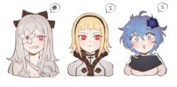 Rule 34 | + +, 3girls, absurdres, black bow, blonde hair, blue eyes, blue hair, blunt bangs, blush, bow, clenched teeth, commentary, drag-on dragoon, drag-on dragoon 3, earrings, flower, flower over eye, hair between eyes, hair bow, hair flower, hair ornament, hairband, highres, jewelry, long hair, multiple girls, one (drag-on dragoon), open mouth, pink eyes, popped collar, red eyes, roman numeral, scarf, short hair, simple background, single bare shoulder, symbol-only commentary, teeth, two (drag-on dragoon), upper body, white background, white hair, zemzk, zero (drag-on dragoon)