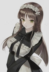 Rule 34 | 1girl, apron, back bow, bad id, bad pixiv id, black dress, black ribbon, blunt bangs, blush, bow, braid, breasts, brown hair, collared dress, cowboy shot, dress, frilled apron, frills, green eyes, grey background, highres, large breasts, long hair, long sleeves, looking at viewer, maid, maid headdress, mole, mole under eye, myoushun, neck ribbon, original, parted lips, ribbon, sidelocks, simple background, solo, sparkle, straight hair, sweat, v arms, white apron, wing collar