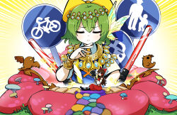Rule 34 | bicycles only sign, black eyes, black footwear, blue vest, bow, bracer, brown hair, closed eyes, closed mouth, collared shirt, commentary, cookie (touhou), crown, daiyousei, detached sleeves, diyusi (cookie), full body, gold, gram 9, green hair, gunbai, hair bow, hakurei reimu, high-visibility vest, highres, jewelry, long hair, medium bangs, motor vehicles only sign, mushroom, necklace, noel (cookie), pedestrians only sign, red bow, red shirt, red skirt, road sign, shirt, shoes, short sleeves, sign, skirt, sleeveless, sleeveless shirt, smile, socks, statue, the chicken that appears in the middle of cookie, touhou, traffic baton, upper body, vest, war fan, white shirt, white sleeves, white socks, yellow bow