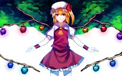 Rule 34 | 1girl, alternate wings, apple, ascot, blonde hair, dress, flandre scarlet, food, fruit, hat, hat ribbon, looking at viewer, mob cap, outstretched arms, red dress, red eyes, ribbon, ringed eyes, shirt, short hair, short sleeves, side ponytail, smile, solo, thighhighs, touhou, u u zan, vest, white thighhighs, wings