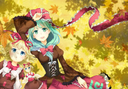 Rule 34 | 2girls, :d, autumn leaves, bad id, bad pixiv id, blonde hair, blue eyes, corset, dress, elbow gloves, front ponytail, gloves, green eyes, green hair, hair ribbon, hand on own forehead, hands on own chest, juliet sleeves, kagiyama hina, layered dress, leaf, long hair, long sleeves, looking at viewer, lying, maple leaf, medicine melancholy, mito tsubaki, multiple girls, on back, open mouth, puffy sleeves, ribbon, shade, short hair, smile, su-san, touhou, wings