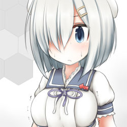 Rule 34 | 1girl, blue eyes, blue sailor collar, breasts, commentary request, cosplay, gloves, hair ornament, hair over one eye, hairclip, hamakaze (kancolle), honeycomb (pattern), honeycomb background, kantai collection, large breasts, ouno (nounai disintegration), puffy short sleeves, puffy sleeves, sailor collar, sailor shirt, shirt, short hair, short sleeves, silver hair, solo, undersized clothes, upper body, white background, white gloves, yashiro (kancolle), yashiro (kancolle) (cosplay)