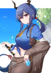 Rule 34 | 1girl, absurdres, arknights, blue hair, blue shirt, breast pocket, brown pants, ch&#039;en (after storm) (arknights), ch&#039;en (arknights), dragon girl, dragon horns, dragon tail, hair between eyes, highres, horns, k@bu, long hair, looking at viewer, midriff, navel, official alternate costume, pants, pocket, police, police uniform, red eyes, shirt, solo, sword, tail, tied shirt, uniform, weapon