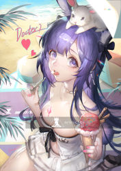 Rule 34 | 1girl, absurdres, animal, animal ear fluff, animal ears, animal on head, arknights, bad id, bad pixiv id, bare shoulders, beach, bikini, bikini skirt, black bow, bow, chinese commentary, commentary request, food, hair bow, heart, highres, holding, holding food, ice cream, ice cream cone, long hair, looking at viewer, nail polish, official alternate costume, on head, open mouth, outdoors, pink nails, purple eyes, purple hair, rabbit, rabbit ears, rabbit tail, rhodes island logo (arknights), rope (arknights), rope (summer flowers) (arknights), sitting, spade-m, strapless, strapless bikini, swimsuit, tail, tongue, tongue out, white bikini