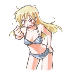 Rule 34 | 00s, 1girl, angry, blonde hair, blush, bra, clenched hand, fate/stay night, fate (series), gender request, genderswap, gilgamesh-ko, gilgamesh (fate), lingerie, mozu (piyo), panties, red eyes, solo, striped bra, striped clothes, striped panties, underwear, underwear only