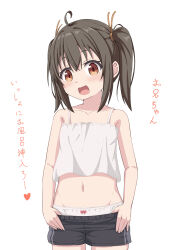 Rule 34 | :d, absurdres, ahoge, bare arms, bare shoulders, black hair, black shorts, bow, bow panties, brown eyes, camisole, clothes pull, collarbone, commentary request, groin, hair between eyes, highres, navel, open mouth, original, panties, short shorts, shorts, shorts pull, side ponytail, simple background, smile, takasuma hiro, translation request, underwear, white background, white camisole, white panties