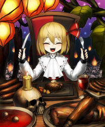 Rule 34 | 1girl, ascot, black vest, blonde hair, bone, candle, chair, closed eyes, collared shirt, cup, drinking glass, eyeball, fork, frilled shirt collar, frills, hair between eyes, hair ribbon, highres, holding, holding fork, holding knife, knife, leaf, long sleeves, napkin, open mouth, organs, red ascot, red ribbon, ribbon, rumia, sharp teeth, shirt, short hair, sitting, skull, smile, solo, spark621, teeth, touhou, vest, white shirt, wine glass