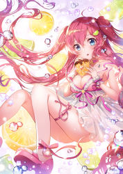 Rule 34 | 1girl, absurdres, ahoge, apple caramel, ass, bare shoulders, breasts, citron, commentary request, dress, food, fruit, hair ornament, hairclip, heart, highres, holding, lemon, long hair, medium breasts, no panties, open mouth, original, pink footwear, pink hair, pink ribbon, ribbon, see-through, shoes, solo, twintails, two side up, white dress, wrist cuffs