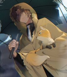 Rule 34 | 1boy, black shirt, brown coat, brown hair, closed mouth, coat, collared shirt, colored extremities, e.g.o (project moon), fox, heathcliff (project moon), holding, holding umbrella, hood, hood up, limbus company, long sleeves, medu (rubish), necktie, project moon, purple eyes, rain, raincoat, shirt, solo, umbrella, white necktie