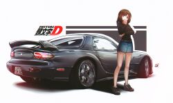 Rule 34 | 1girl, absurdres, arm under breasts, black footwear, black sweater, blush, breasts, brown eyes, brown hair, car, clenched hand, copyright name, denim, denim skirt, highres, initial d, iwase kyouko, license plate, logo, long sleeves, mazda, mazda rx-7, mazda rx-7 fd, medium breasts, medium hair, mizzterbii, motor vehicle, shadow, shoes, skirt, sneakers, solo, spoiler (automobile), sports car, sweater, vehicle focus