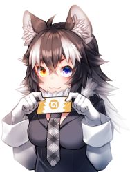 Rule 34 | 1girl, :3, absurdres, akuma (st.takuma), animal ear fluff, animal ears, black hair, blue eyes, breasts, commentary, commentary request, fur collar, gloves, grey wolf (kemono friends), heterochromia, highres, kemono friends, looking at viewer, medium breasts, multicolored hair, simple background, solo, two-tone hair, white background, white gloves, white hair, wolf ears, wolf girl, yellow eyes