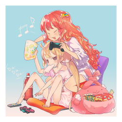 Rule 34 | &gt;:|, 2girls, :3, :|, ahoge, aqua background, bag, bare legs, bare shoulders, barefoot, between legs, blonde hair, blush, chair, closed eyes, closed mouth, coca-cola, collarbone, controller, food, food in mouth, futaba anzu, game controller, gradient background, hair ornament, holding, holding bag, idolmaster, idolmaster cinderella girls, kitkat, leaning forward, long hair, low twintails, matching outfits, moroboshi kirari, multiple girls, musical note, orange hair, oversized clothes, oversized shirt, playing games, pointing, popsicle, pouch, reaching, remote control, shirt, shooting star hair ornament, sitting, snack, soda bottle, solid oval eyes, star (symbol), star hair ornament, stuffed animal, stuffed rabbit, stuffed toy, stuffing, twintails, uyori, v-shaped eyebrows, very long hair, wavy hair, white shirt