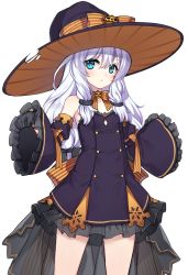 Rule 34 | 1girl, bad id, bad pixiv id, bare shoulders, black gloves, blue eyes, blush, buttons, commentary, curled fingers, detached sleeves, double-breasted, dress, frilled dress, frilled sleeves, frills, gloves, hair between eyes, hat, long hair, long sleeves, looking at viewer, outstretched arms, parted lips, puffy detached sleeves, puffy sleeves, purple sleeves, silver hair, simple background, sleeves past wrists, solo, soulworker, spread arms, stella unibell, strapless, strapless dress, tama (tamatamo), white background, wide sleeves, witch hat