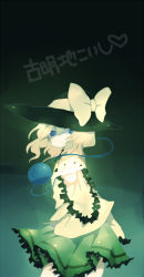 Rule 34 | 1girl, black hat, blonde hair, blue eyes, bow, closed mouth, cowboy shot, expressionless, female focus, frilled sleeves, frills, glowing, gradient background, green skirt, hair between eyes, hat, hat bow, heart, komeiji koishi, long hair, long sleeves, looking at viewer, outstretched arm, shiny skin, shirt, skirt, solo, standing, string, third eye, touhou, wide sleeves, yellow bow, yellow shirt