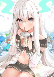 Rule 34 | 1girl, absurdres, aqua eyes, bare shoulders, blouse, bubble tea, commission, cropped shirt, cup, detached sleeves, disposable cup, dragon girl, drink, drinking, drinking straw, drinking straw in mouth, gradient eyes, grey hair, highleg, highleg panties, highres, holding, holding drink, holographic horns, ibuki meno, iced tea, long hair, microskirt, midriff, multicolored eyes, navel, necktie, otagon (ibuki meno), panties, pleated skirt, prism project, purple eyes, reiny, shirt, skirt, sleeveless, sleeveless jacket, sleeveless shirt, solo focus, tea, underwear, virtual youtuber