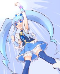 Rule 34 | 10s, 1girl, arakawa tarou, blue background, blue eyes, blue hair, blue skirt, blue theme, blue thighhighs, blush, brooch, crown, cure princess, earrings, eyelashes, hair ornament, hair ribbon, happinesscharge precure!, happy, heart, heart brooch, highres, jewelry, long hair, looking at viewer, magical girl, matching hair/eyes, open mouth, precure, ribbon, shirayuki hime, shirt, skirt, smile, solo, standing, thighhighs, thighs, twintails, underwear, very long hair, vest, wrist cuffs, zettai ryouiki